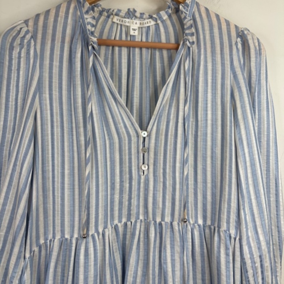 Veronica Beard Hawken Dress 6 Stripe Puff Sleeves Tiered Linen Silk Coastal READ - Picture 4 of 14